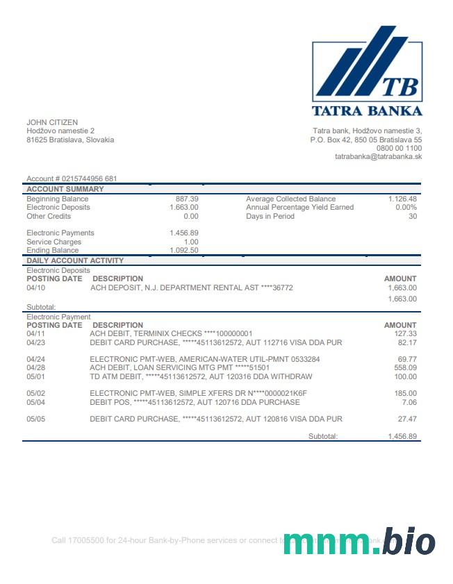 Słowacja Tatra Bank szablon w formacie excel pdf